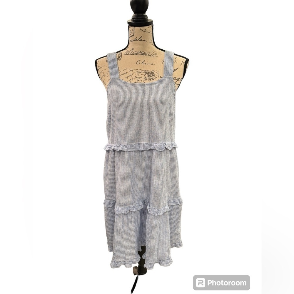 BeachLunchLounge Sundress Midi Sleeveless Cotton Linen Womens Small Blue White